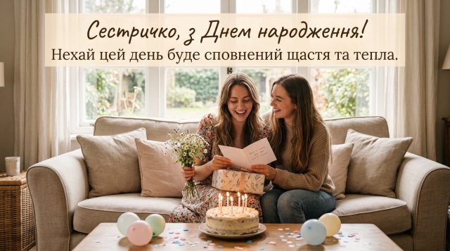 Яскрава листівка з квітами та повітряними кульками для привітання сестри з Днем народження