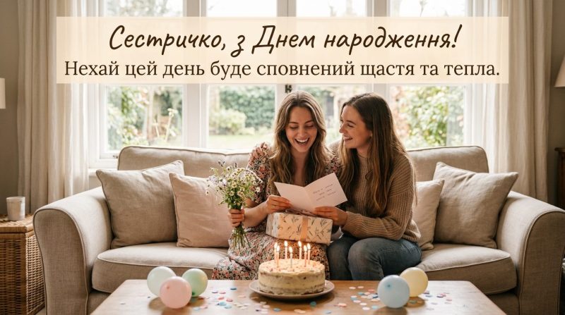 Яскрава листівка з квітами та повітряними кульками для привітання сестри з Днем народження