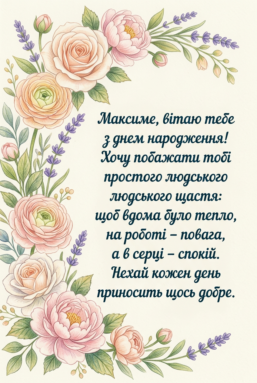 щирі привітання своїми словами для максима